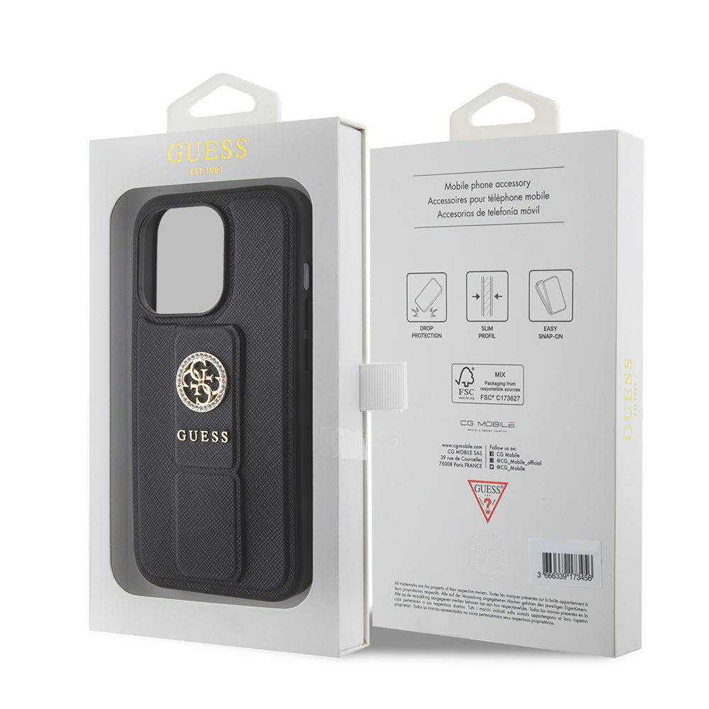 Husa de protectie Guess Grip Stand 4G Saffiano Strass compatibil cu iPhone 15 Pro Max (GUHCP15XPGSSADK), Negru