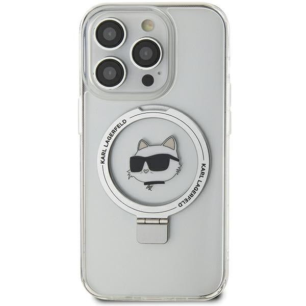 Husa de protectie Karl Lagerfeld Hardcase Ring Stand MagSafe (KLHMP15XHMRSCHH) compatibil cu iPhone 15 Pro Max, Alb Choupette Head