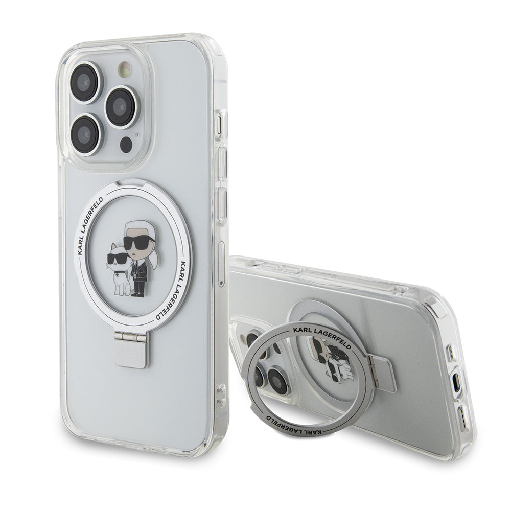 Husa de protectie Karl Lagerfeld Hardcase Ring Stand MagSafe (KLHMP15LHMRSKCH) compatibil cu iPhone 15 Pro, Alb Karl&Choupette