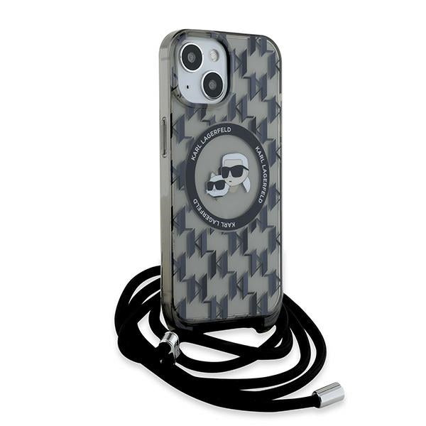 Husa de protectie Karl Lagerfeld IML Crossbody MagSafe (KLHMP15SHCKCKLCK) compatibil cu iPhone 15, Monogram Karl&Choupette Head
