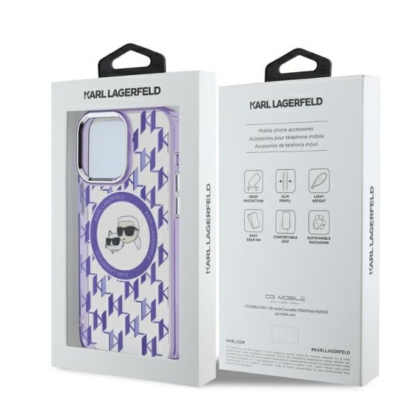 Husa de protectie Karl Lagerfeld IML MagSafe (KLHMP15LHMCKMHU) compatibil cu iPhone 15 Pro, Mov Monogram Karl&Choupette Head