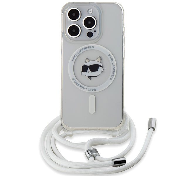 Husa de protectie Karl Lagerfeld IML Crossbody MagSafe (KLHMP15SLHCCHNT) compatibil cu iPhone 15 Pro, Transparent Choupette Head&Cord
