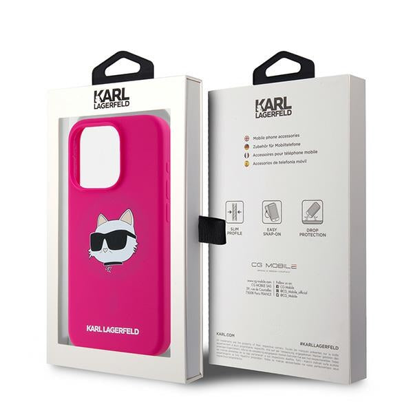 Husa de protectie Karl Lagerfeld Silicone MagSafe (KLHMP15XSCHPPLF) compatibil cu iPhone 15 Pro Max, Fuchsia Choupette Head