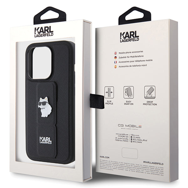 Husa de protectie Karl Lagerfeld Saffiano Gripstand (KLHCP14LGSACHPK) compatibil cu iPhone 14 Pro, Choupette
