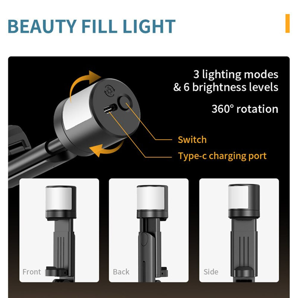 Suport Techsuit Selfie Stick (Q12S), Stable Tripod Mount with Bluetooth Remote and LED Light, 75cm, Negru