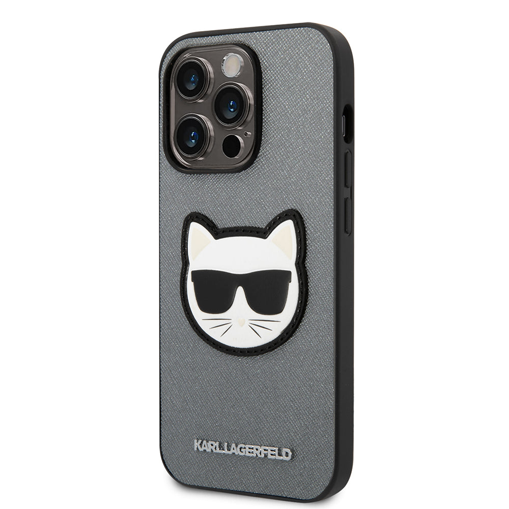 Husa de protectie Karl Lagerfeld Saffiano (KLHCP14LSAPCHG) compatibil cu iPhone 14 Pro, Argintiu Choupette Head