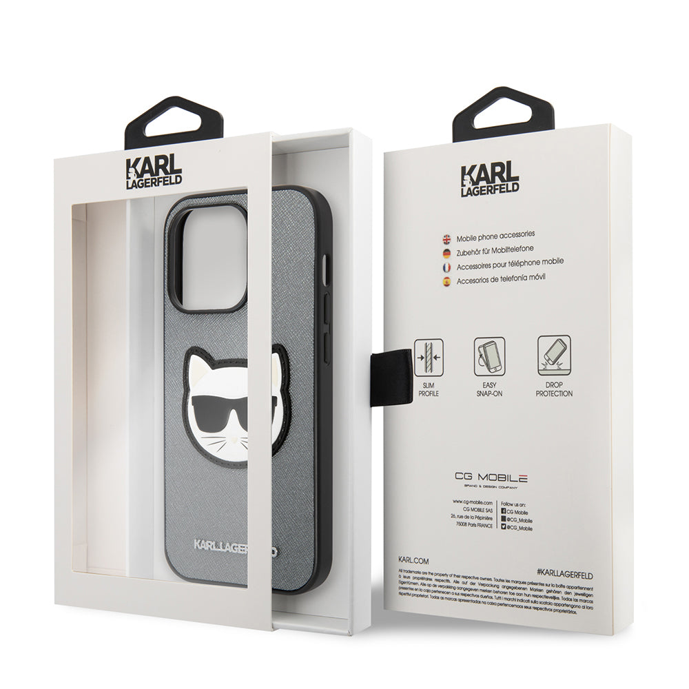 Husa de protectie Karl Lagerfeld Saffiano (KLHCP14LSAPCHG) compatibil cu iPhone 14 Pro, Argintiu Choupette Head