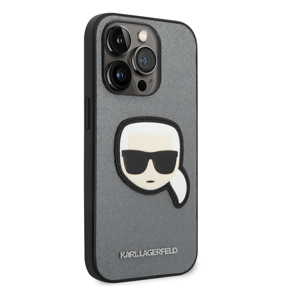 Husa de protectie Karl Lagerfeld Saffiano (KLHCP14LSAPKHG) compatibil cu iPhone 14 Pro, Argintiu Karl`S Head