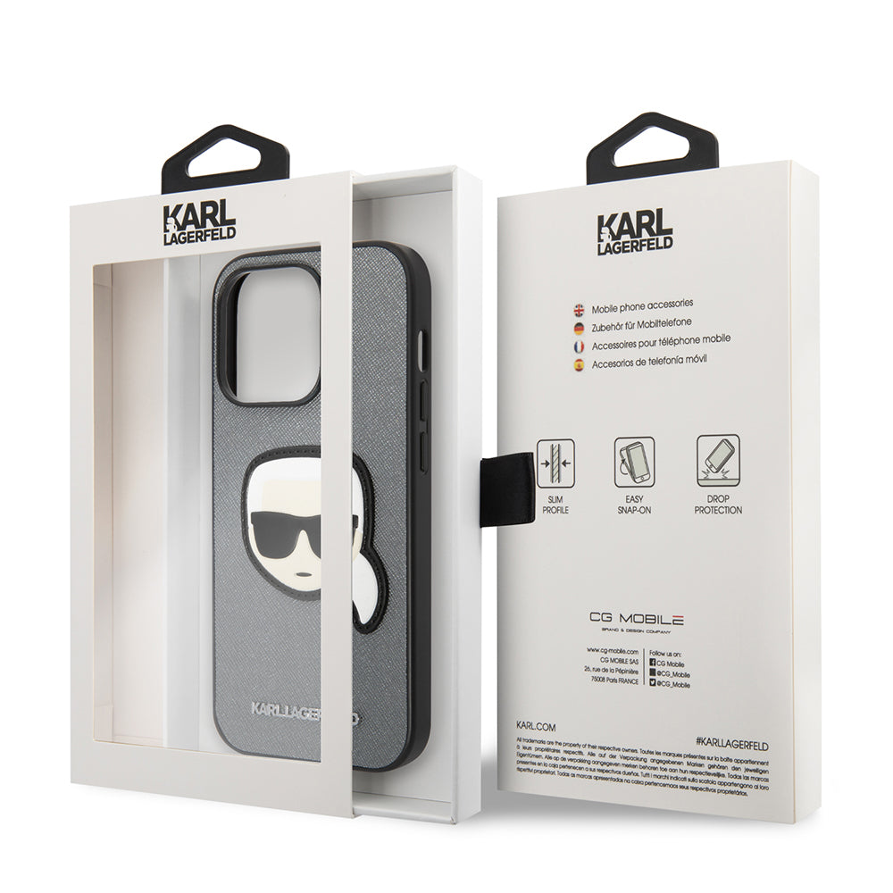 Husa de protectie Karl Lagerfeld Saffiano (KLHCP14LSAPKHG) compatibil cu iPhone 14 Pro, Argintiu Karl`S Head