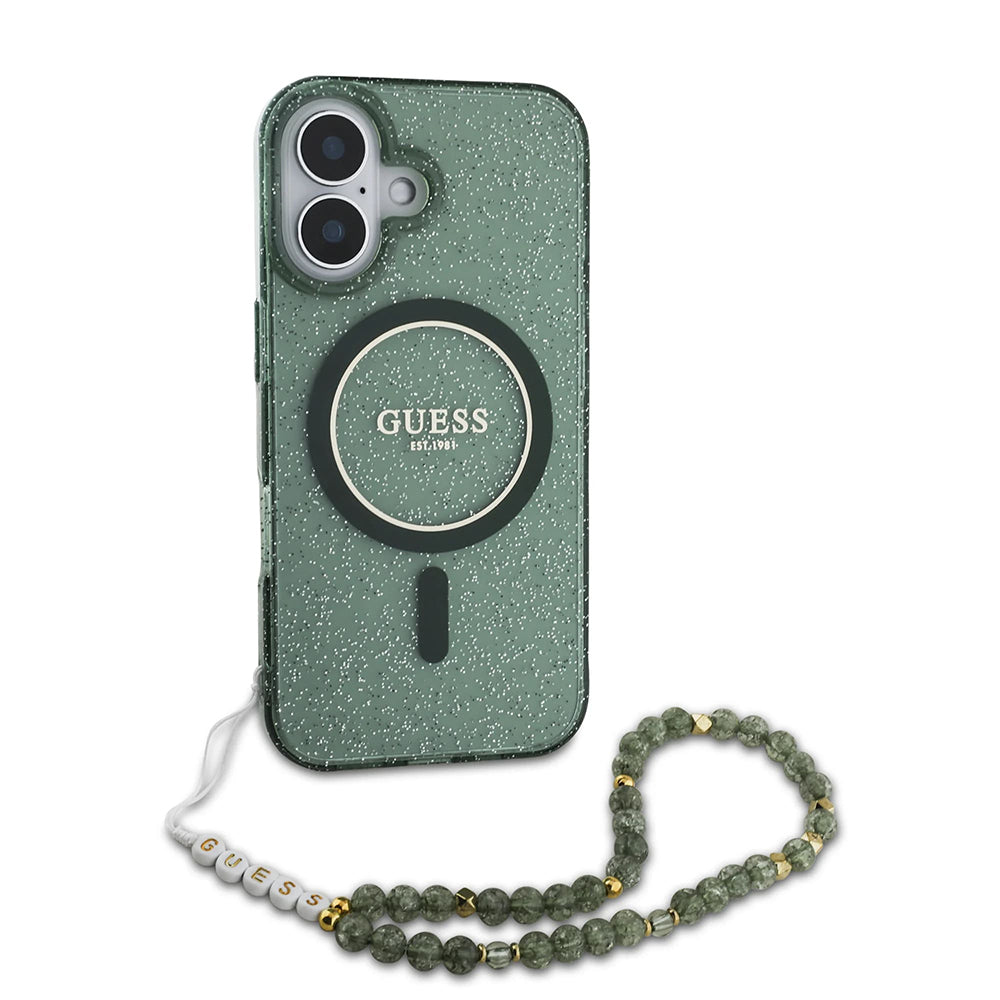 Husa de protectie Guess IML Glitter with Pearl Strap MagSafe (GUHMP16MHGCRELSA) compatibil cu iPhone 16 Plus, Verde