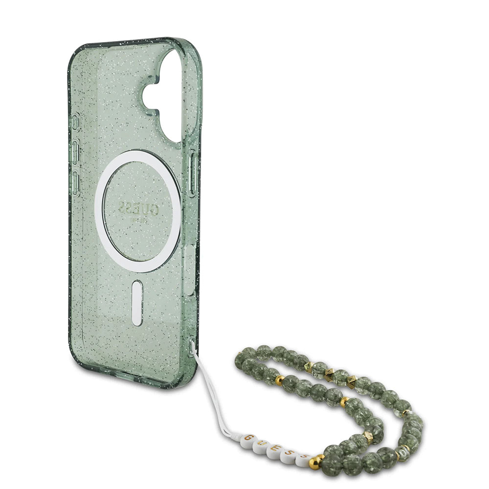 Husa de protectie Guess IML Glitter with Pearl Strap MagSafe (GUHMP16MHGCRELSA) compatibil cu iPhone 16 Plus, Verde
