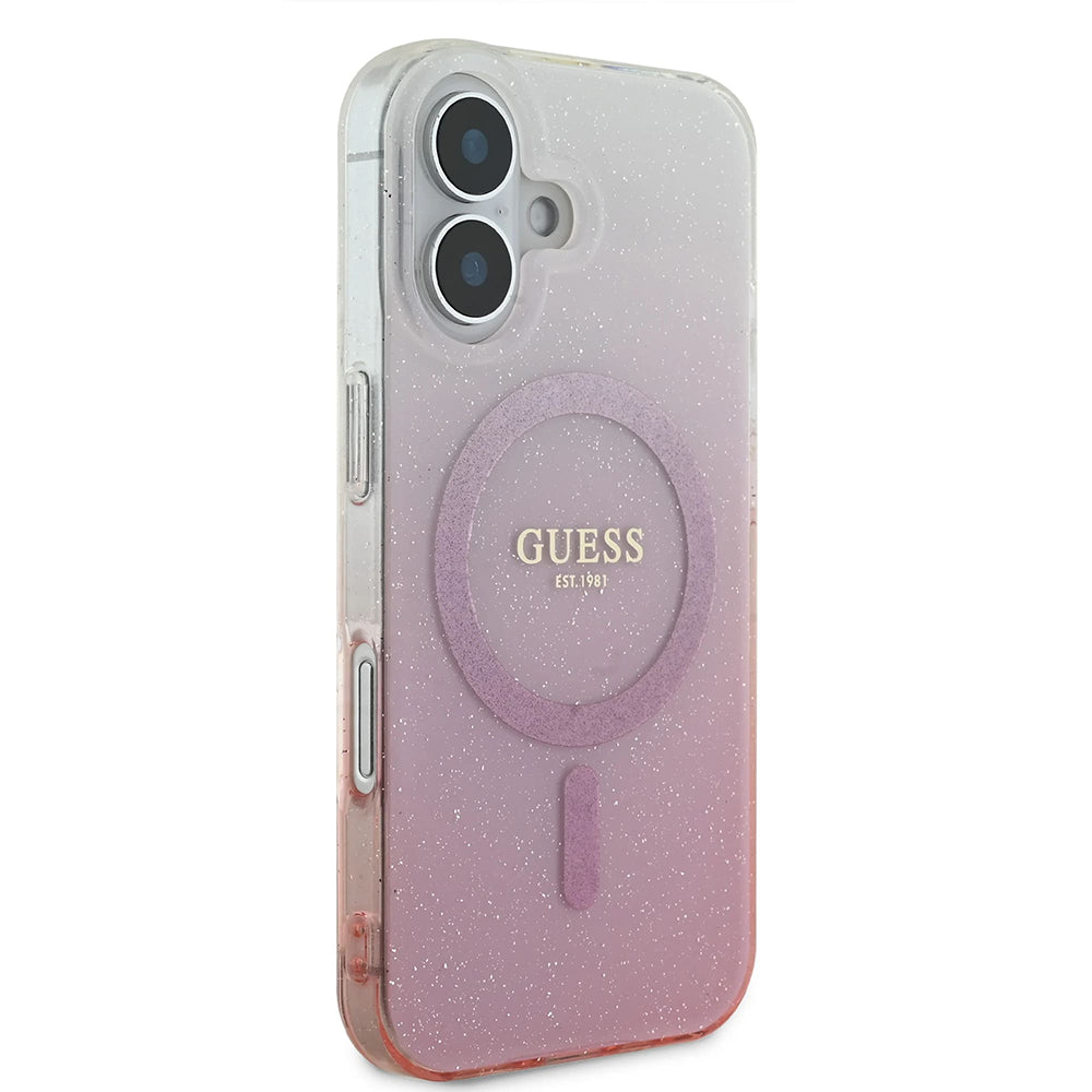 Husa de protectie Guess IML Glitter Gradient MagSafe (GUHMP16SHGRCELP) compatibil cu iPhone 16, Roz