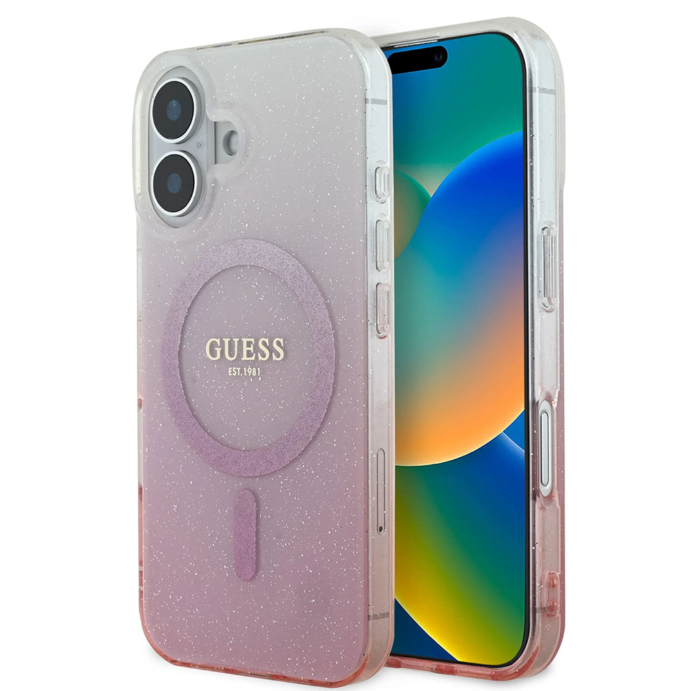 Husa de protectie Guess IML Glitter Gradient MagSafe (GUHMP16SHGRCELP) compatibil cu iPhone 16, Roz
