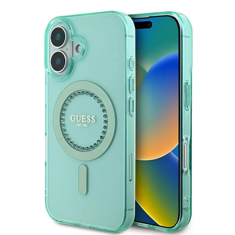 Husa de protectie Guess IML Rhinestones MagSafe (GUHMP16MPFTDTEN) compatibil cu iPhone 16 Plus, Verde
