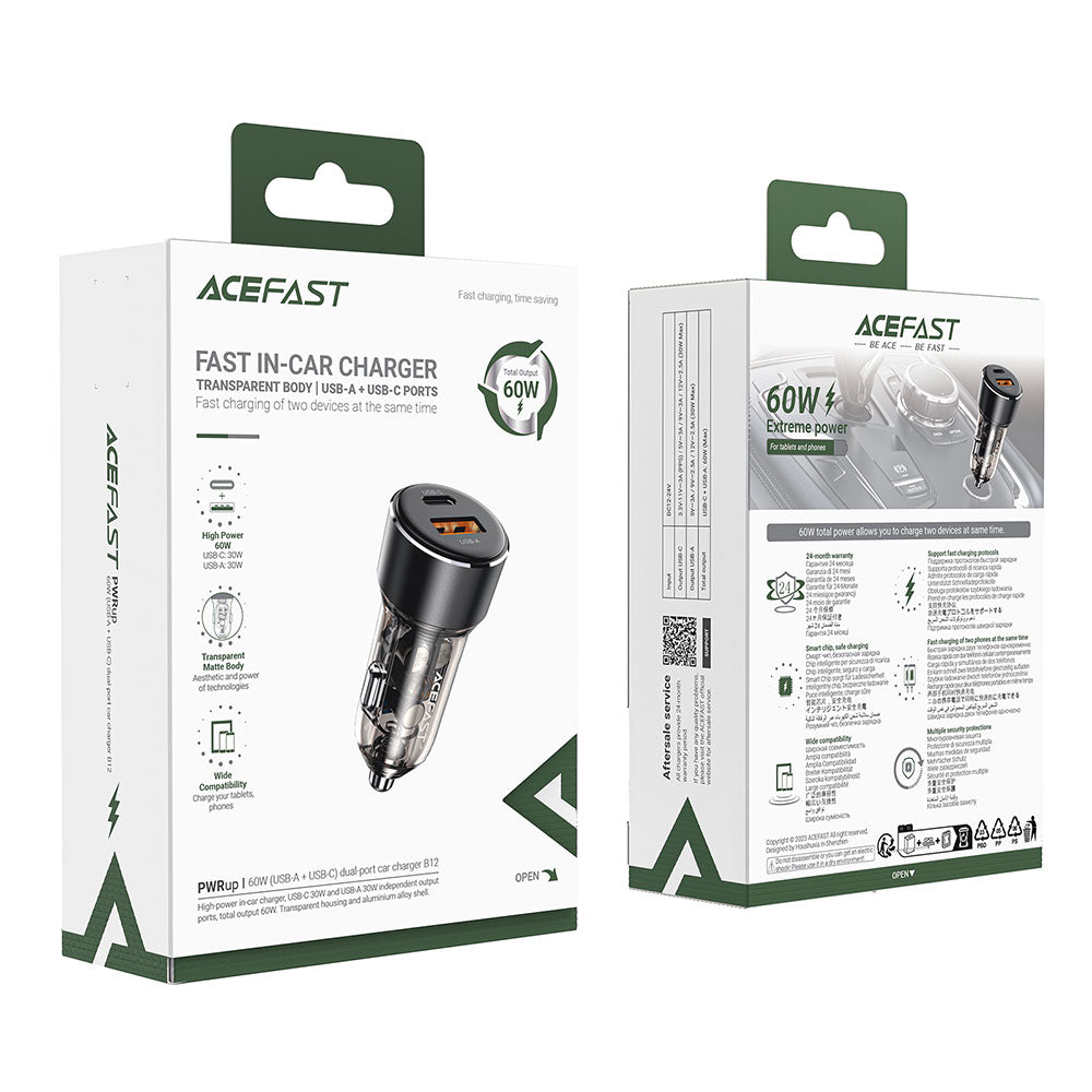 Incarcator Acefast Car (B12), Dual-port, Type-C, USB, Dual Fast Charging, 60W, Negru
