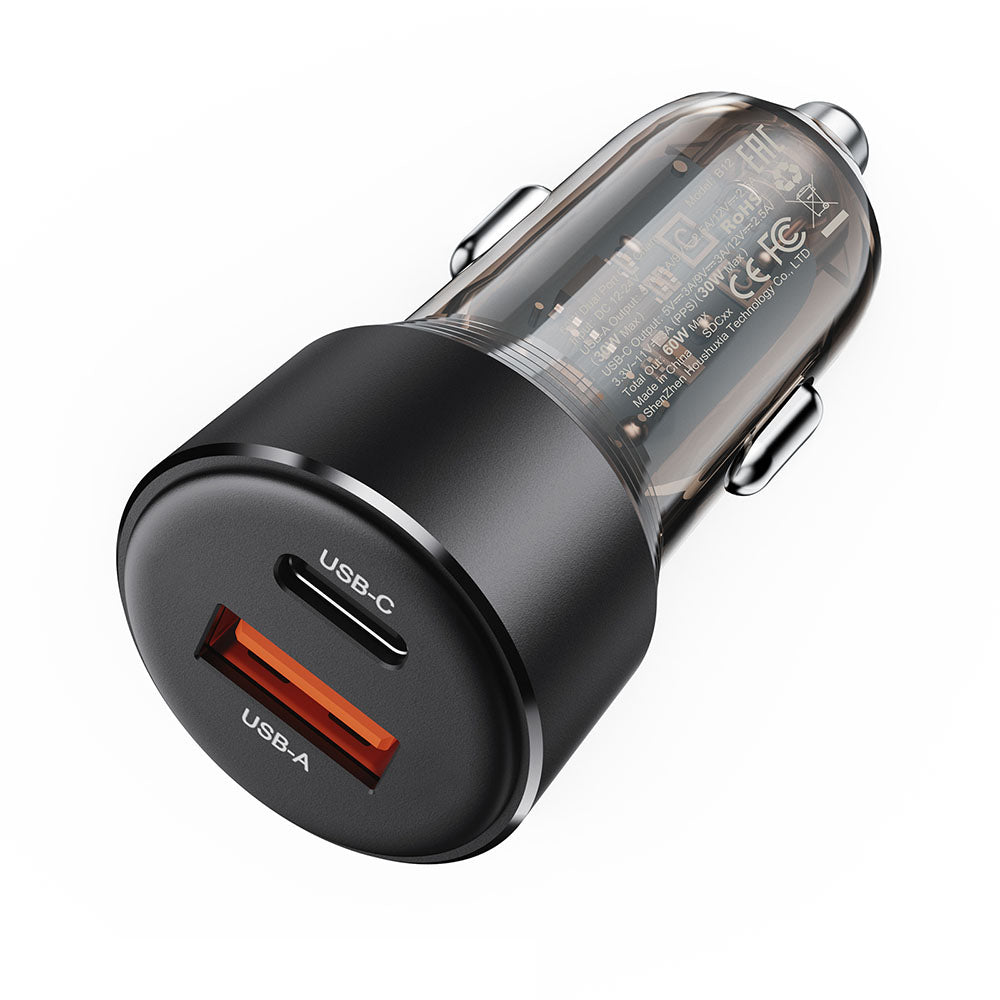 Incarcator Acefast Car (B12), Dual-port, Type-C, USB, Dual Fast Charging, 60W, Negru