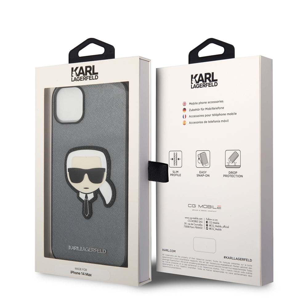 Husa de protectie Karl Lagerfeld Saffiano (KLHCP14MSAPKHG) compatibil cu iPhone 14 Plus, Argintiu Karl`S Head
