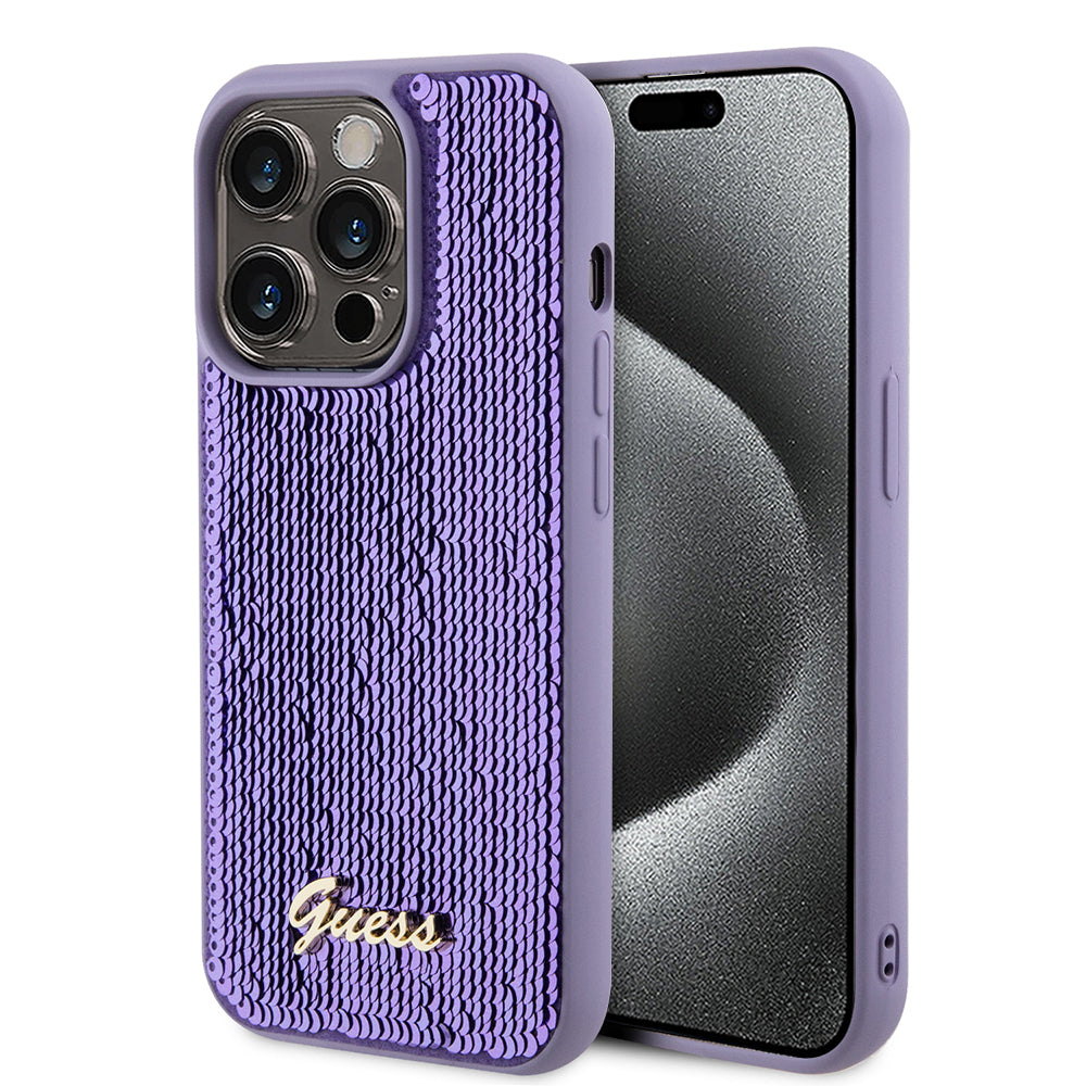 Husa de protectie Guess Sequin Script Metal (GUHCP15LPSFDGSU) compatibil cu iPhone 15 Pro, Mov