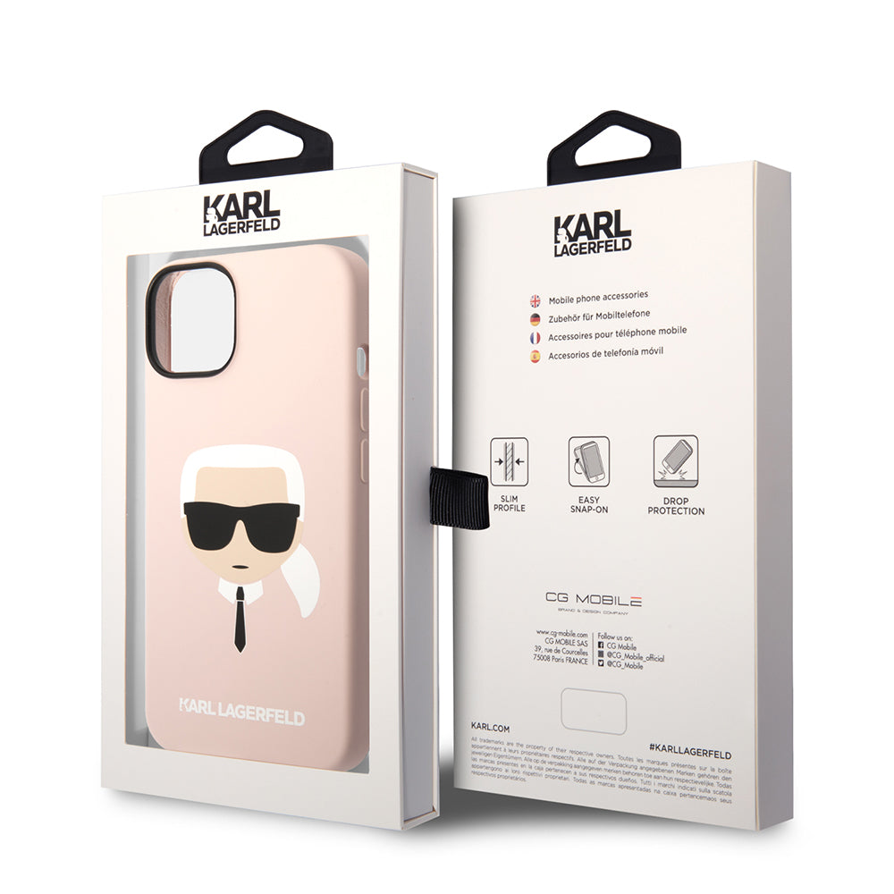 Husa de protectie Karl Lagerfeld Silicone (KLHCP14MSLKHLP) compatibil cu iPhone 14 Plus, Roz Karl`S Head