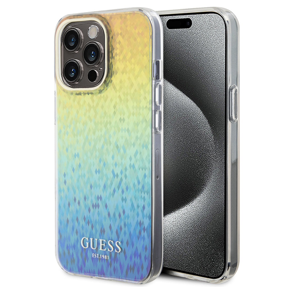 Husa de protectie Guess Hardcase IML Faceted Mirror Disco Iridescent (GUHCP15XHDECMI) compatibil cu iPhone 15 Pro Max, Multicolor
