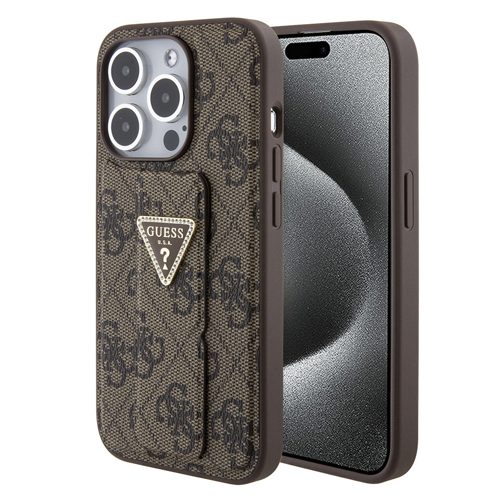 Husa de protectie Guess Grip Stand 4G Triangle Strass (GUHCP15LPGS4TDW) compatibil cu iPhone 15 Pro, Maro