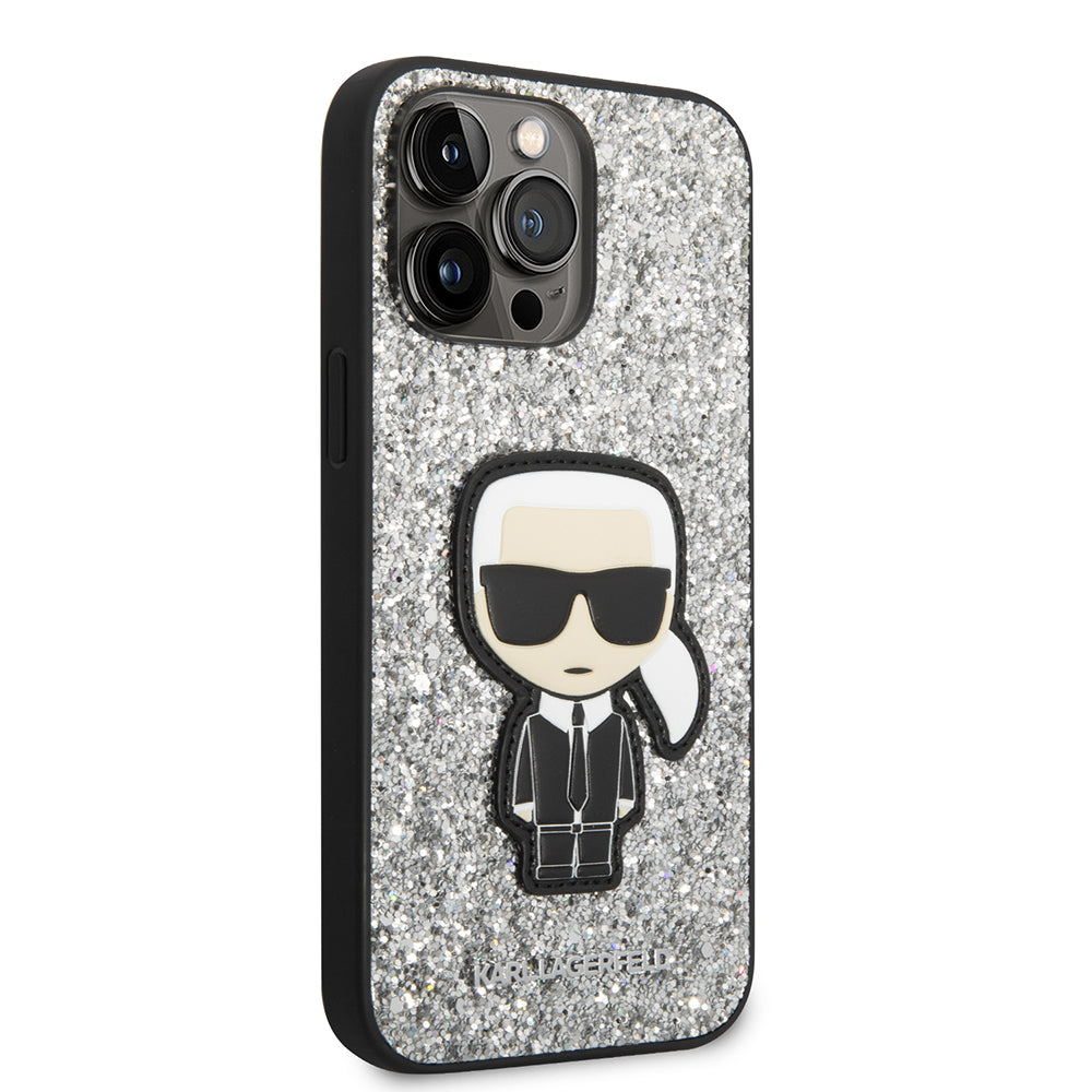 Husa de protectie Karl Lagerfeld Hardcase Glitter (KLHCP14XGFKPG) compatibil cu iPhone 14 Pro Max, Argintiu Flakes Ikonik