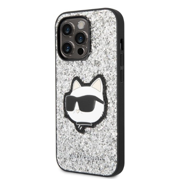 Husa de protectie Karl Lagerfeld Hardcase Glitter (KLHCP14XG2CPS) compatibil cu iPhone 14 Pro Max, Argintiu Choupette Patch