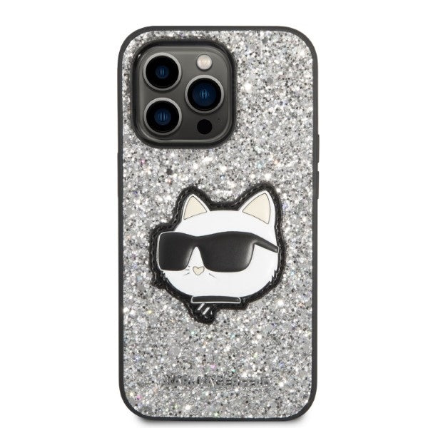 Husa de protectie Karl Lagerfeld Hardcase Glitter (KLHCP14XG2CPS) compatibil cu iPhone 14 Pro Max, Argintiu Choupette Patch