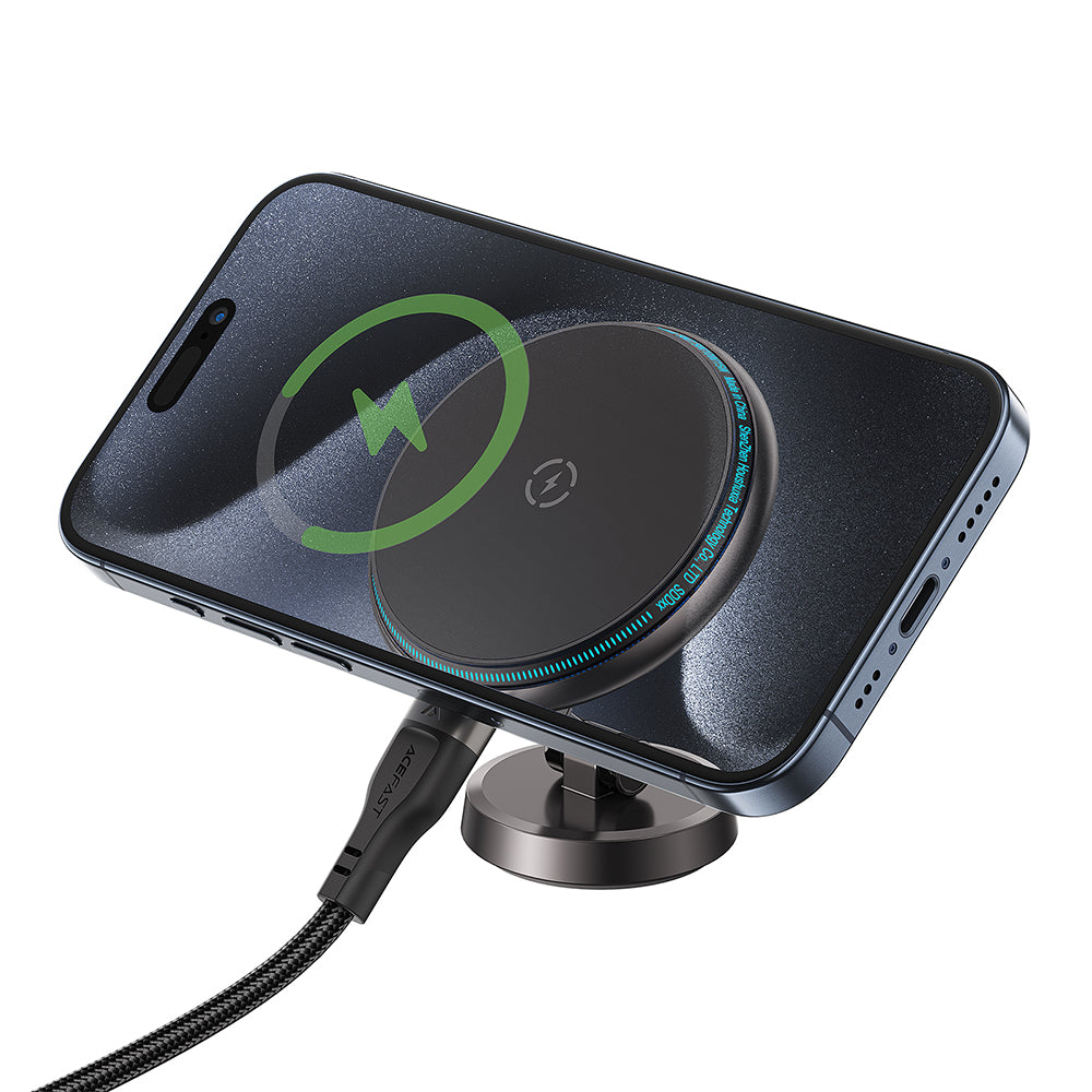 Suport Acefast with Wireless Charging (D30), for iPhone, Magnetic Grip, 360°, LED Light, for Dashboard, 15W, Negru