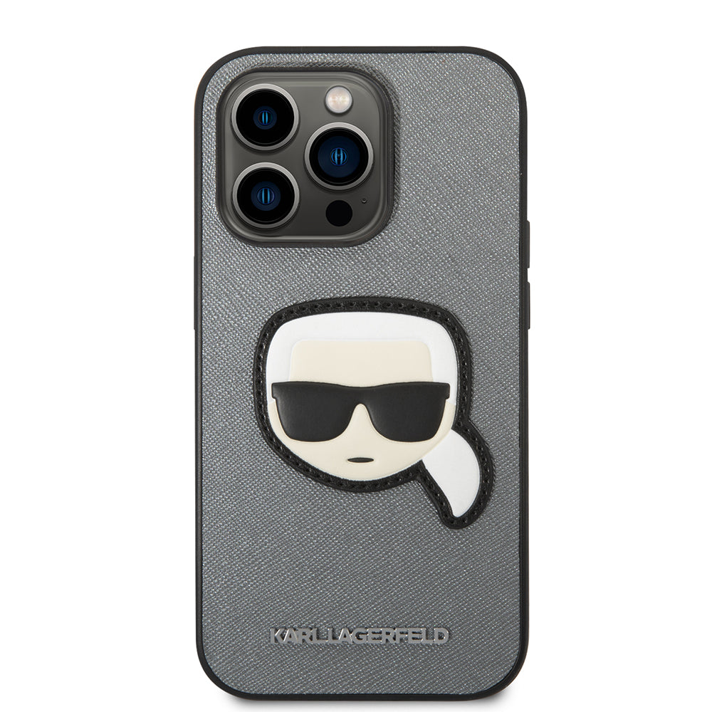 Husa de protectie Karl Lagerfeld Saffiano (KLHCP14XSAPKHG) compatibil cu iPhone 14 Pro Max, Argintiu Karl`S Head