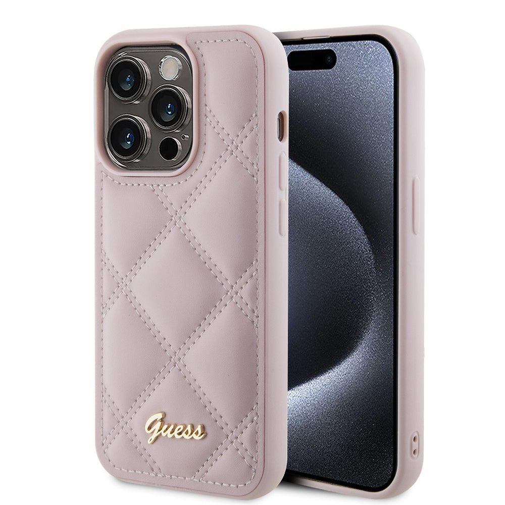 Husa de protectie Guess Quilted Metal Logo (GUHCP15XPSQSQSP) compatibil cu iPhone 15 Pro Max, Roz