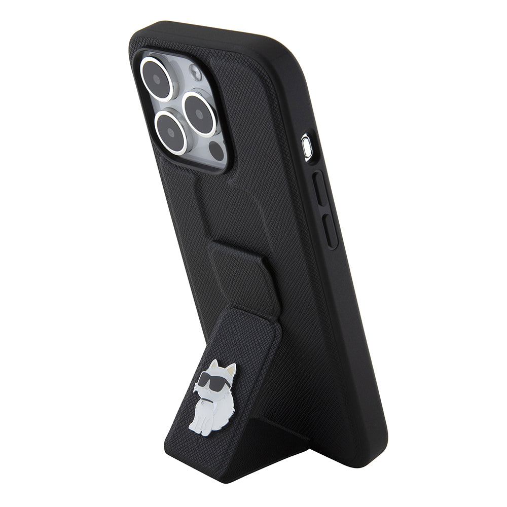 Husa de protectie Karl Lagerfeld Saffiano Gripstand (KLHCP15LGSACHPK) compatibil cu iPhone 15 Pro, Choupette Pins