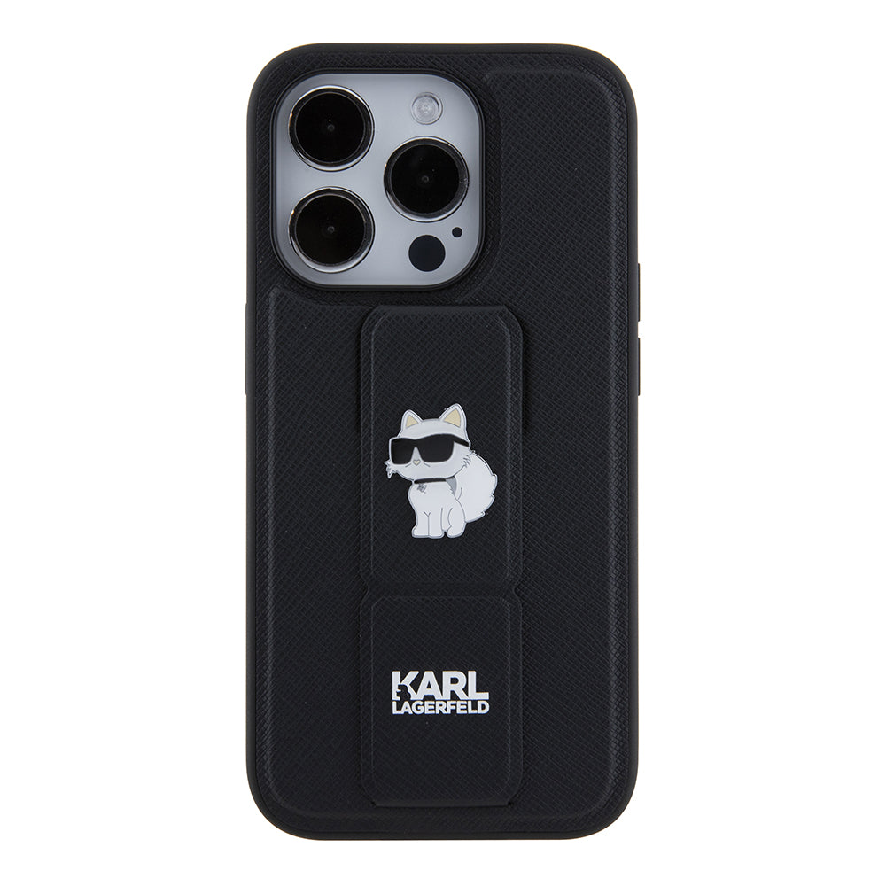 Husa de protectie Karl Lagerfeld Saffiano Gripstand (KLHCP15LGSACHPK) compatibil cu iPhone 15 Pro, Choupette Pins