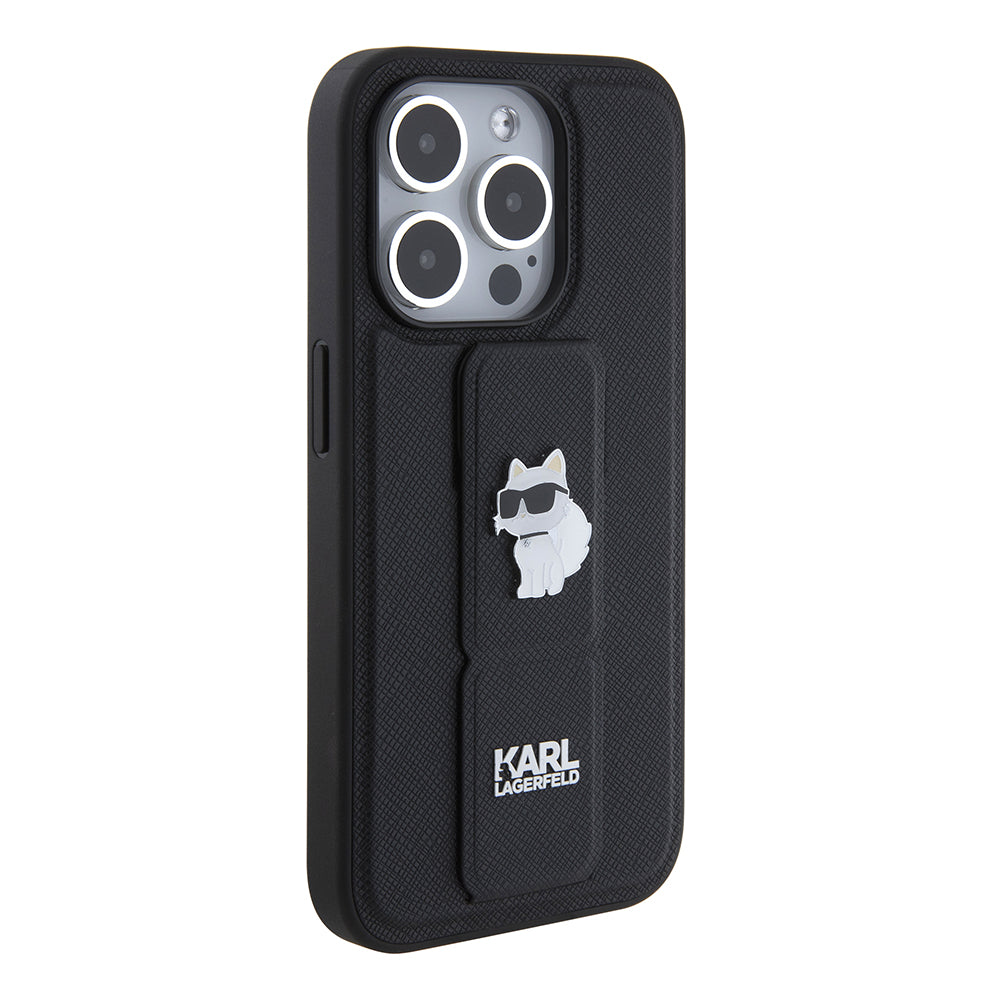 Husa de protectie Karl Lagerfeld Saffiano Gripstand (KLHCP15LGSACHPK) compatibil cu iPhone 15 Pro, Choupette Pins