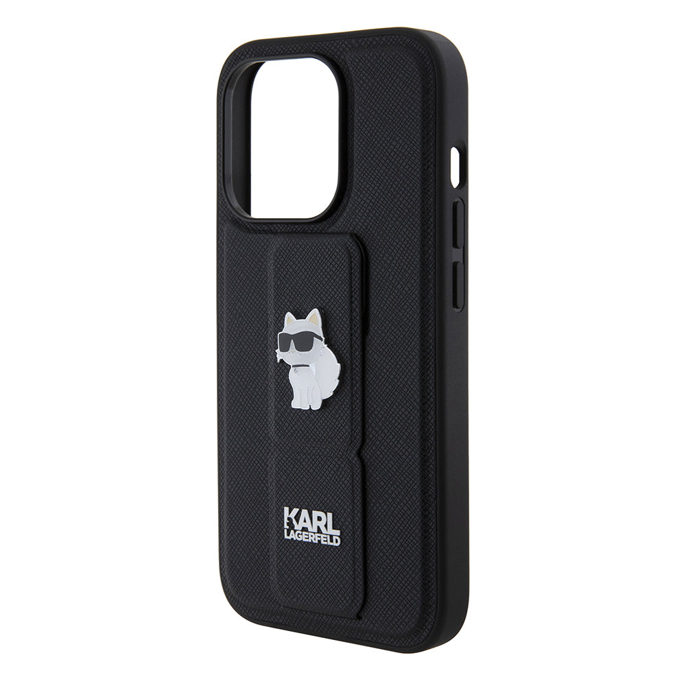 Husa de protectie Karl Lagerfeld Saffiano Gripstand (KLHCP15LGSACHPK) compatibil cu iPhone 15 Pro, Choupette Pins