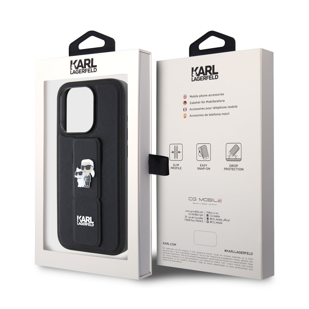 Husa de protectie Karl Lagerfeld Saffiano Gripstand (KLHCP15LGSAKCPK) compatibil cu iPhone 15 Pro, Karl&Choupette Pins