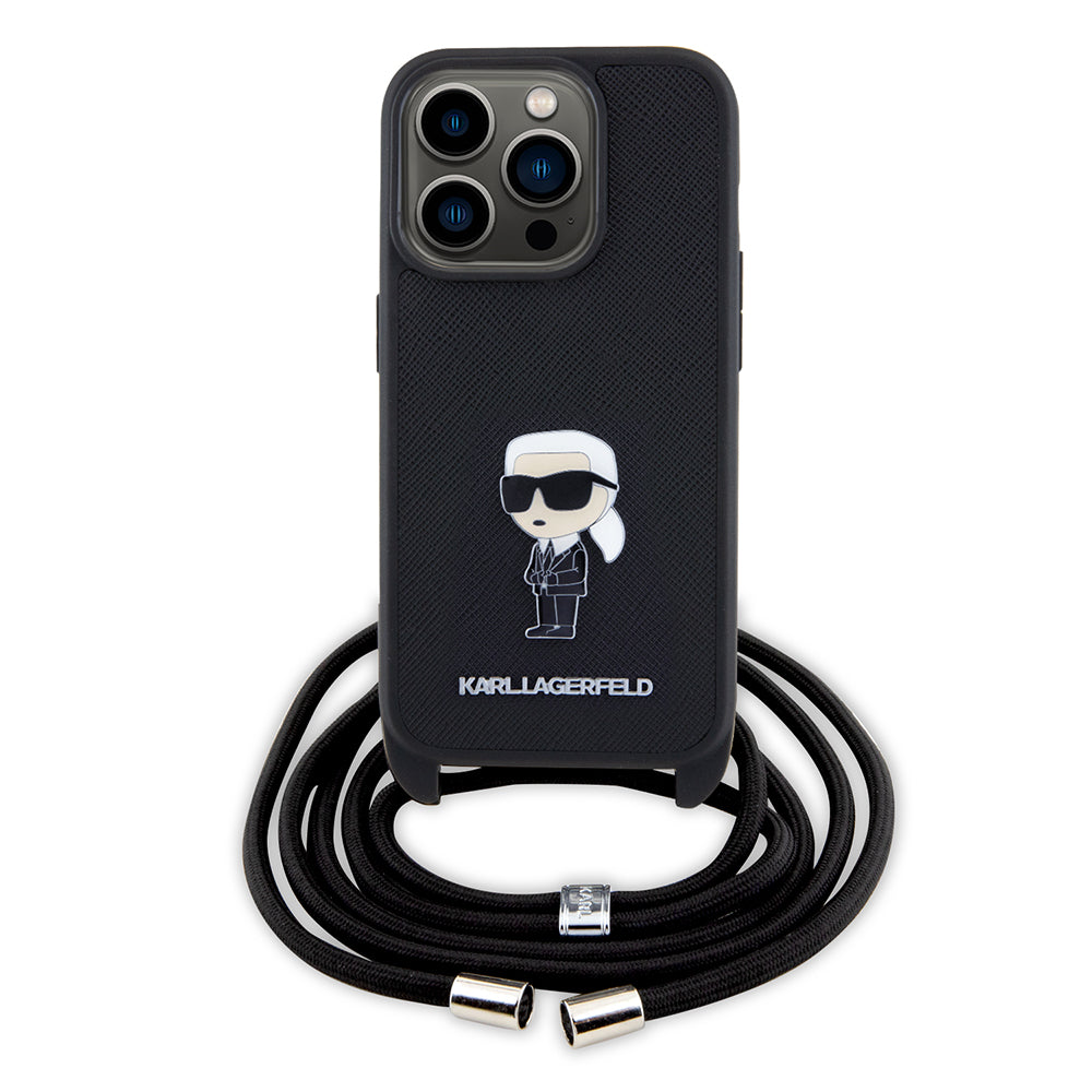 Husa de protectie Karl Lagerfeld Saffiano Crossbody (KLHCP15LSASKNPSK) compatibil cu iPhone 15 Pro, Monogram Metal Pin Karl