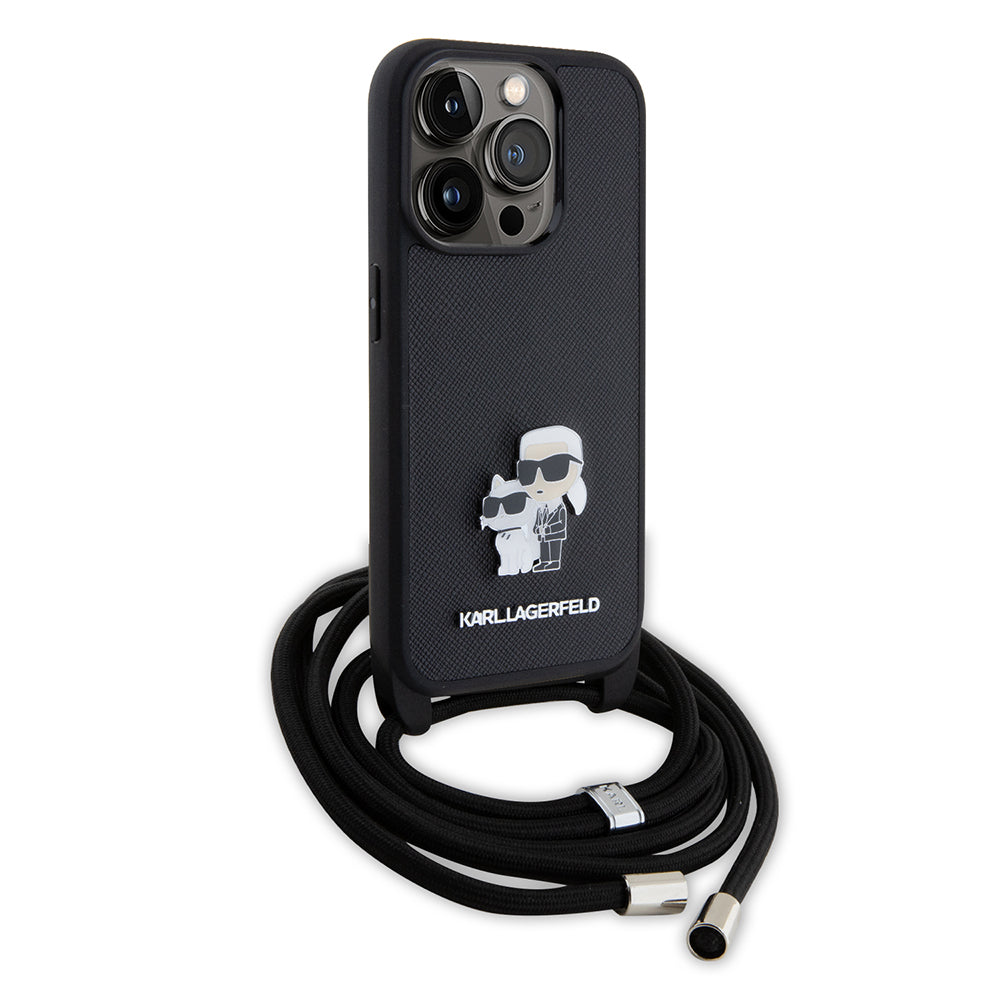 Husa de protectie Karl Lagerfeld Saffiano Crossbody (KLHCP15LSAKCPSK) compatibil cu iPhone 15 Pro, Metal Pin Karl&Choupette