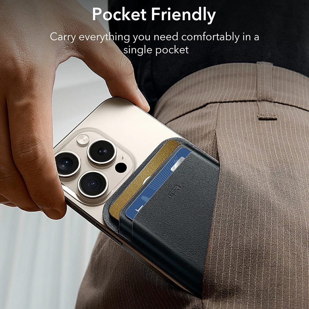 Suport ESR Premium Wallet Boost MagSafe (2K63803), Smart 4 Cards Storage, Made from Artificial Leather, Albastru Inchis