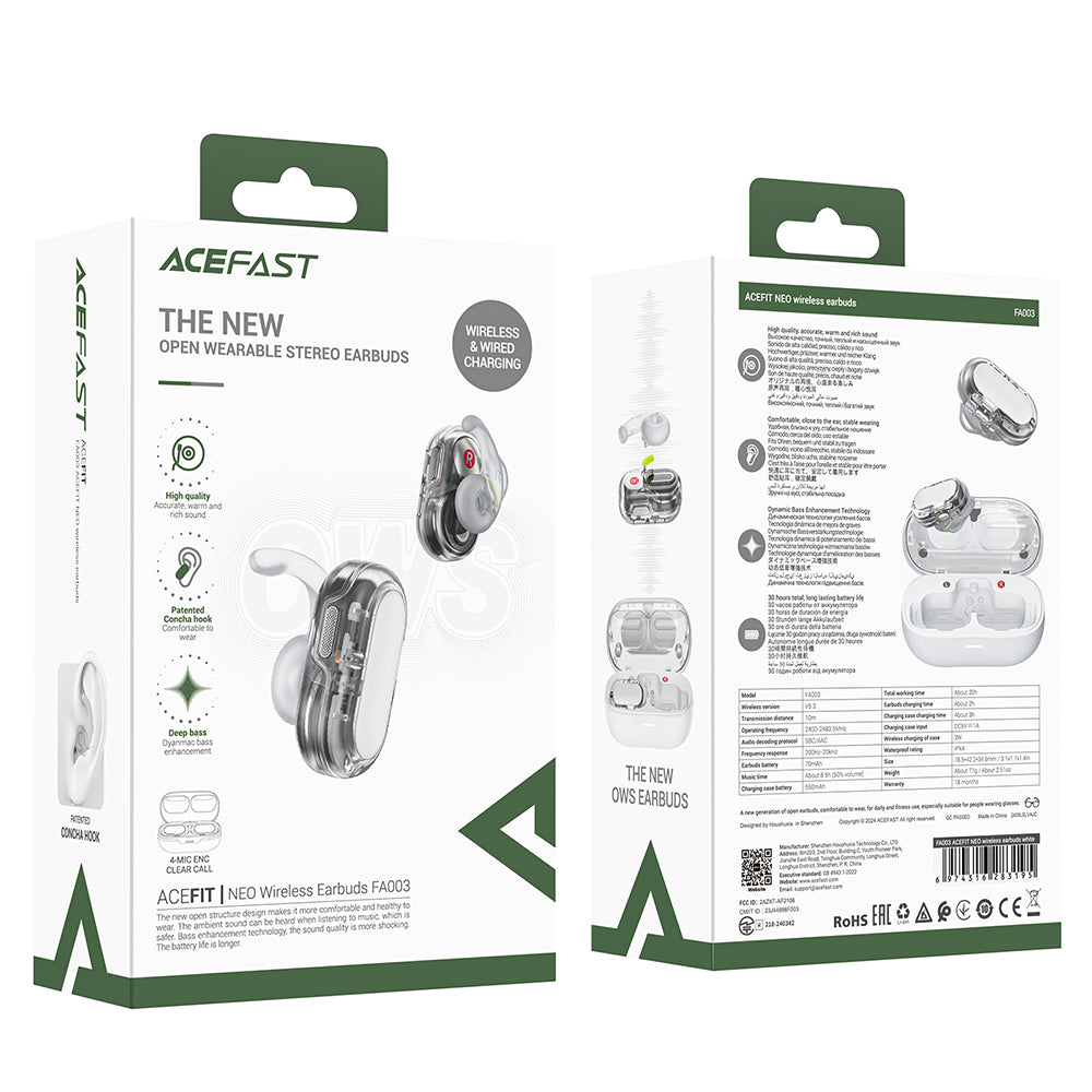 Casti Acefast Acefit Neo (FA003), USB-C, IPX4, Bluetooth 5.3, Call Noise Reduction, Bass Effect, 550mAh, Alb