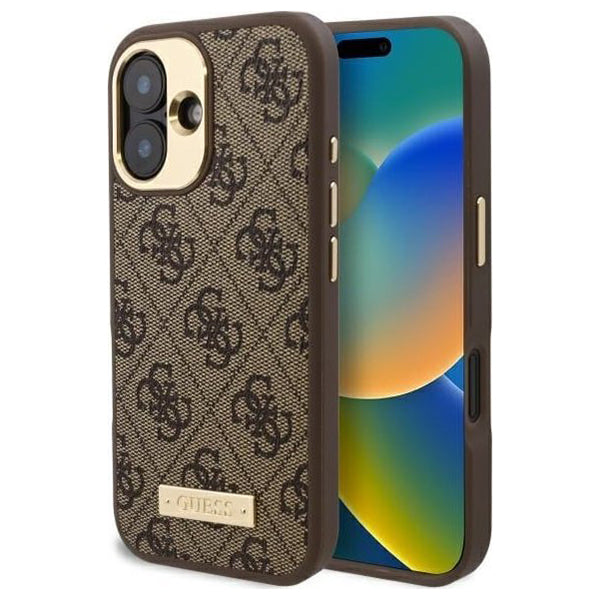 Husa de protectie Guess Hardcase 4G Logo Plate MagSafe (GUHMP16SU4GPRW) compatibil cu iPhone 16, Maro