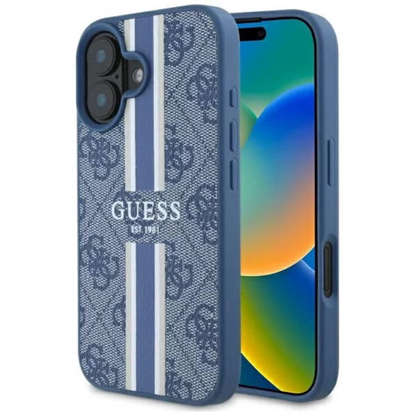 Husa de protectie Guess Hardcase 4G Printed Stripes MagSafe (GUHMP16SP4RPSB) compatibil cu iPhone 16, Albastru