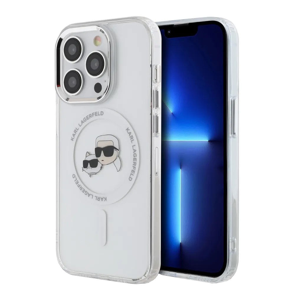 Husa de protectie Karl Lagerfeld IML MagSafe (KLHMP14LHLSKCH) compatibil cu iPhone 14 Pro, Alb Metal Karl&Choupette Head