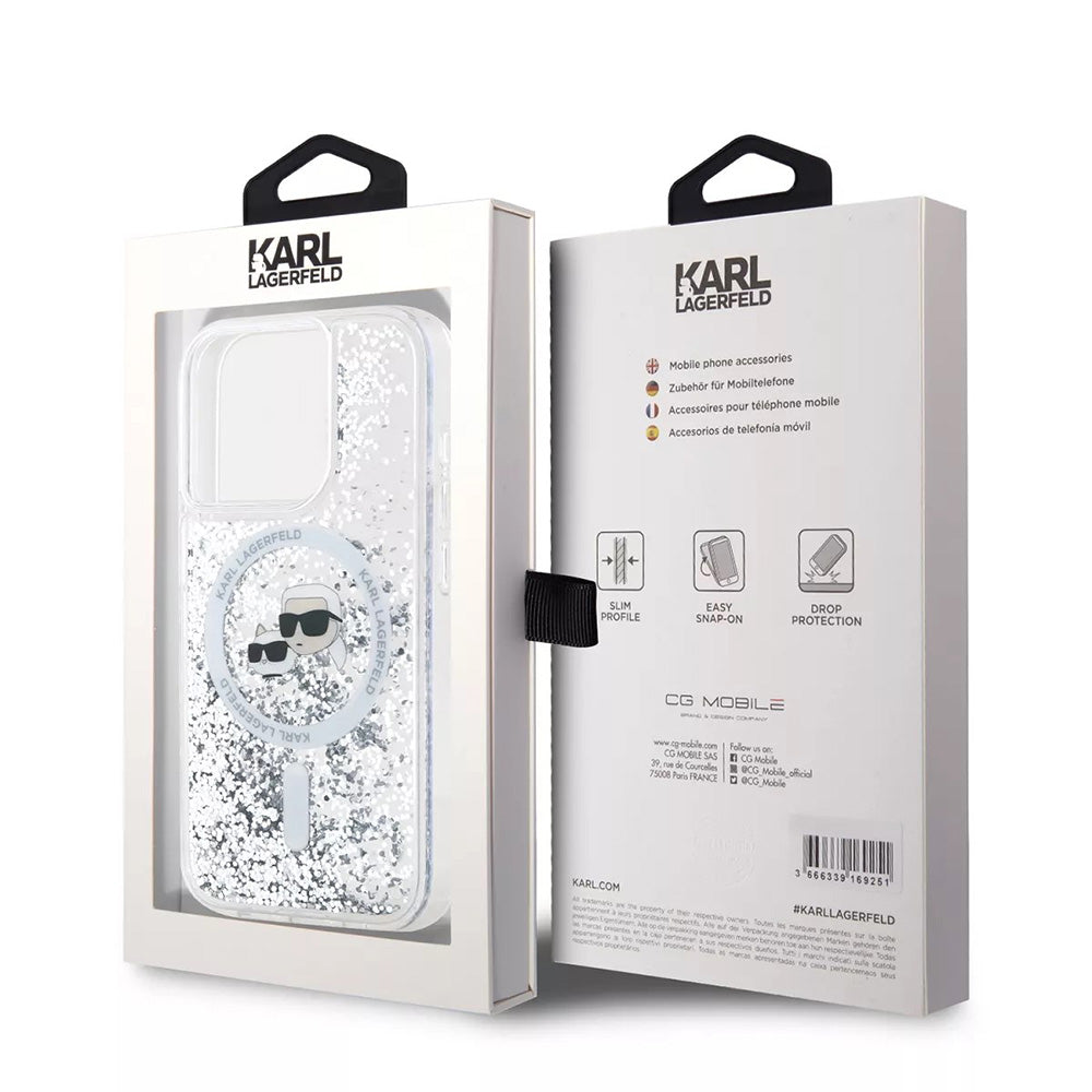 Husa de protectie Karl Lagerfeld Liquid Glitter MagSafe (KLHMP15LLGKCSGH) compatibil cu iPhone 15 Pro, Transparent Karl&Choupette Head