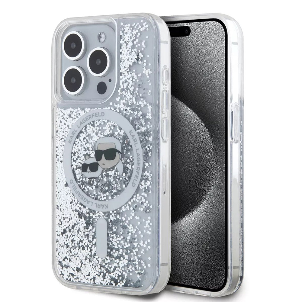Husa de protectie Karl Lagerfeld Liquid Glitter MagSafe (KLHMP15LLGKCSGH) compatibil cu iPhone 15 Pro, Transparent Karl&Choupette Head