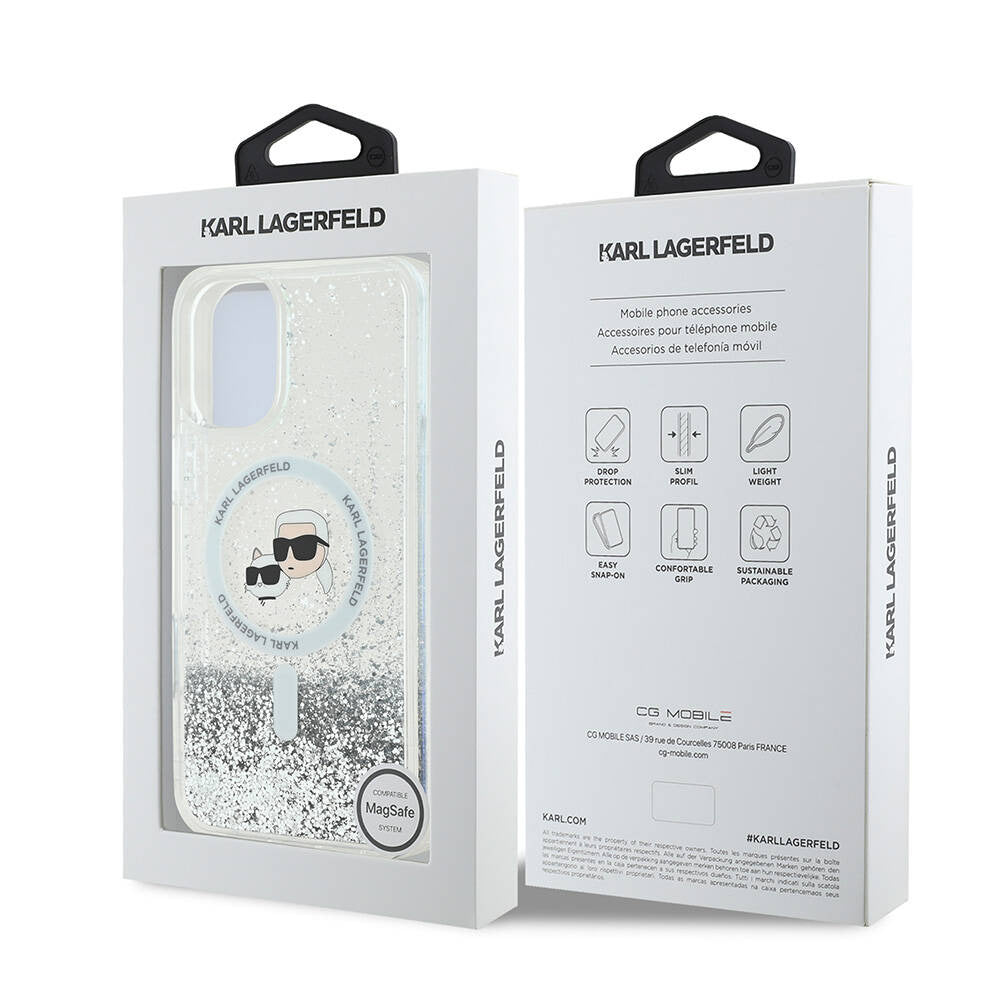 Husa de protectie Karl Lagerfeld Glitter Liquid MagSafe (KLHMP16SLGKCSGH) compatibil cu iPhone 16, Transparent Karl&Choupette Head