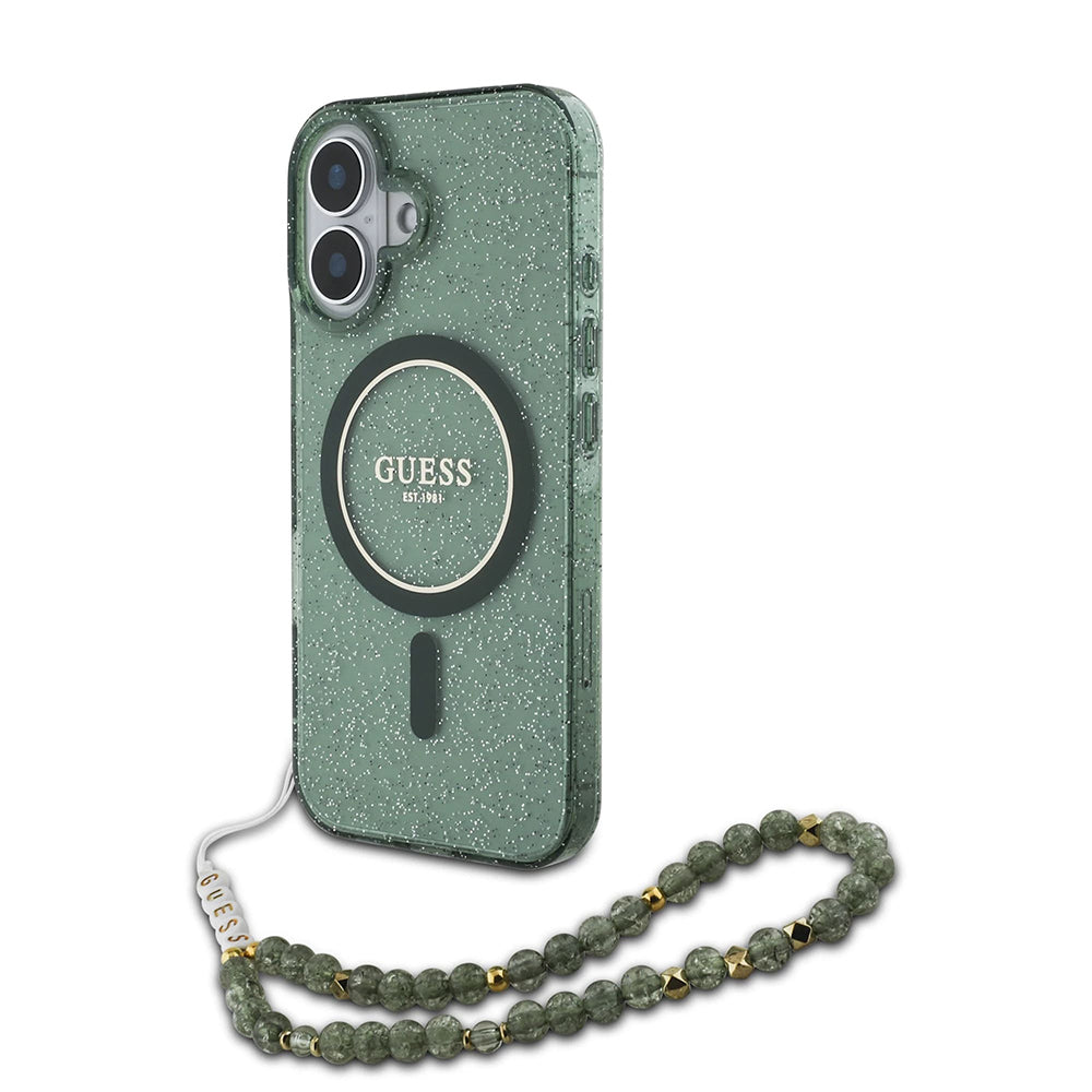 Husa de protectie Guess IML Glitter with Pearl Strap MagSafe (GUHMP16MHGCRELSA) compatibil cu iPhone 16 Plus, Verde