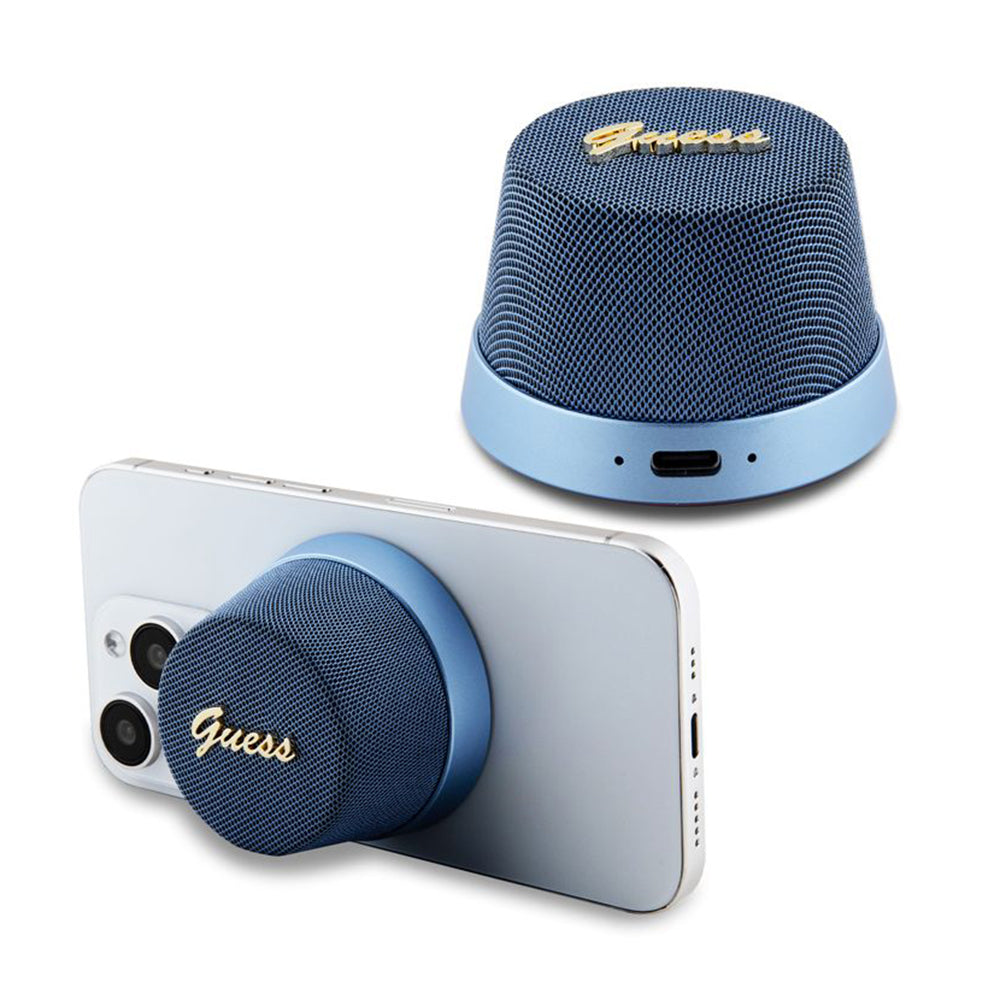 Casti Guess Speaker Stand Magnetic Script Metal (GUWSC3ALSMB), TWS, USB-C, Bluetooth V5.3, 700mAh, 3W, Albastru