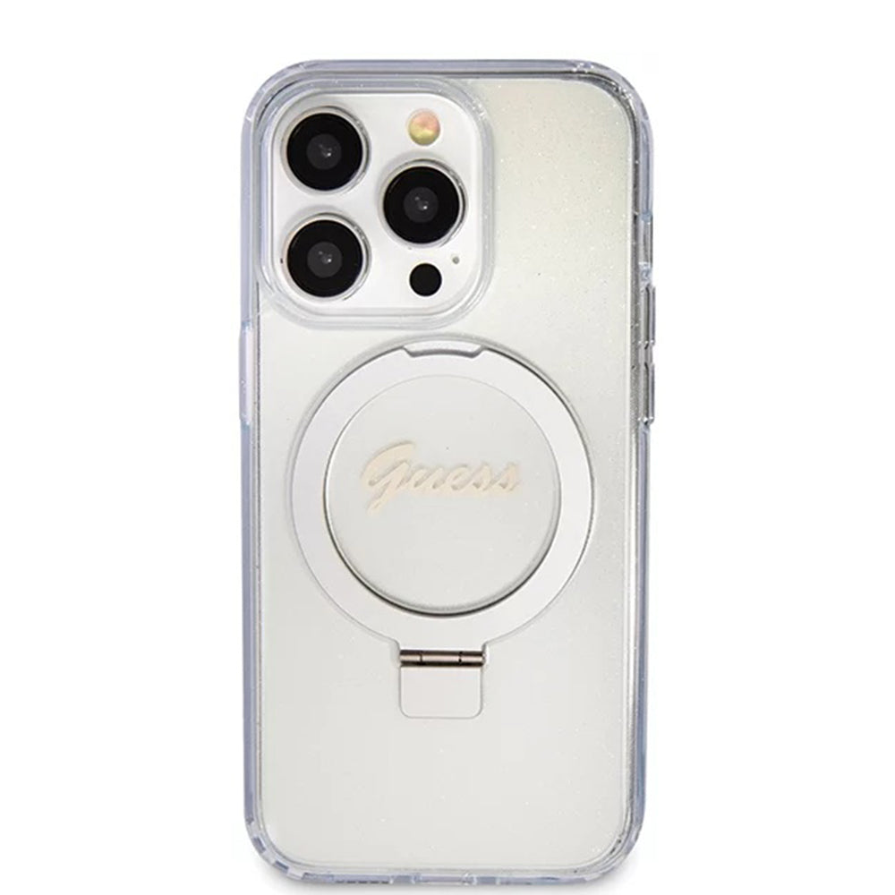 Husa de protectie Guess Ring Stand Script Glitter MagSafe (GUHMP15LHRSGSD) compatibil cu iPhone 15 Pro, Transparent