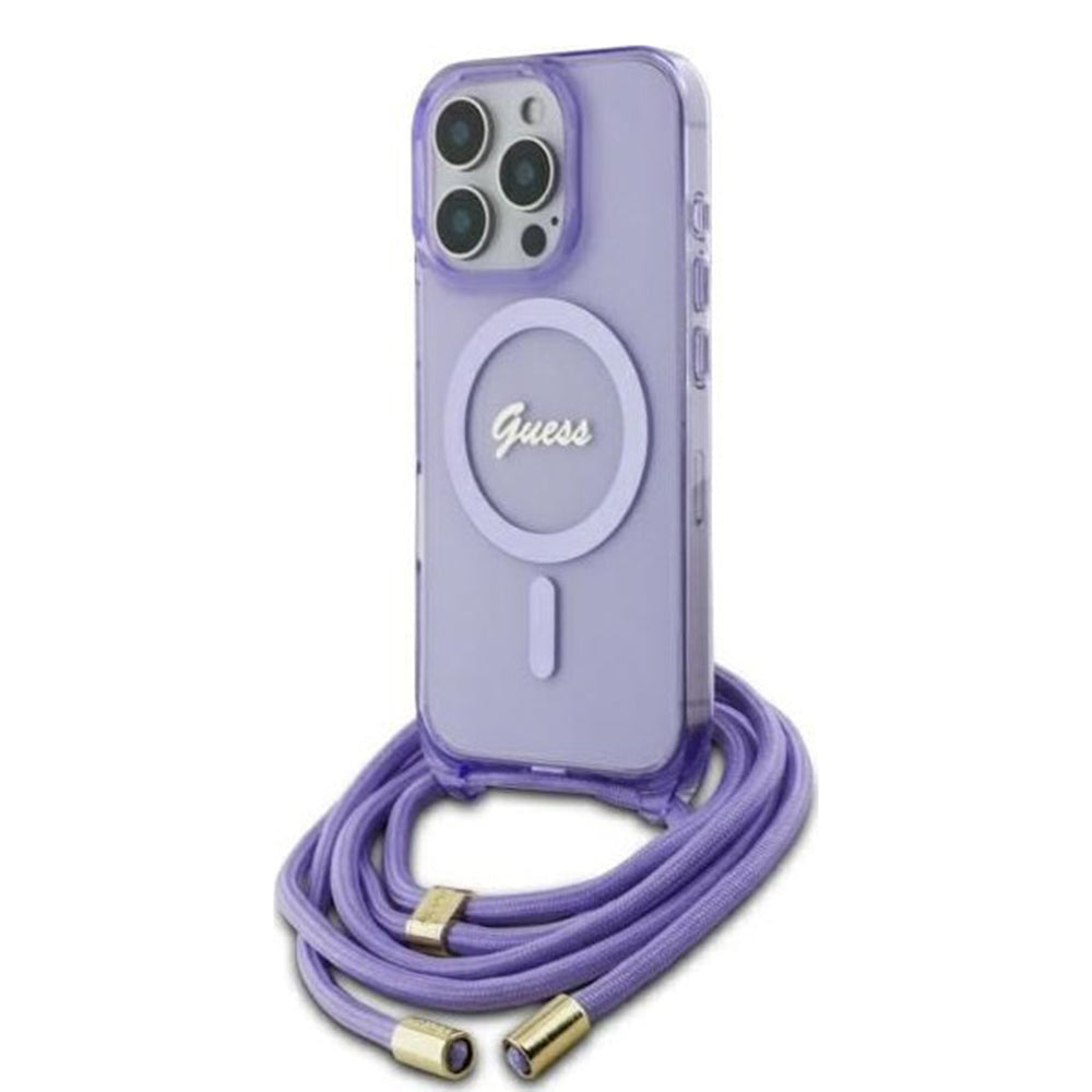 Husa de protectie Guess IML Crossbody Cord Script MagSafe (GUHMP16LHCTSGNSU) compatibil cu iPhone 16 Pro, Mov